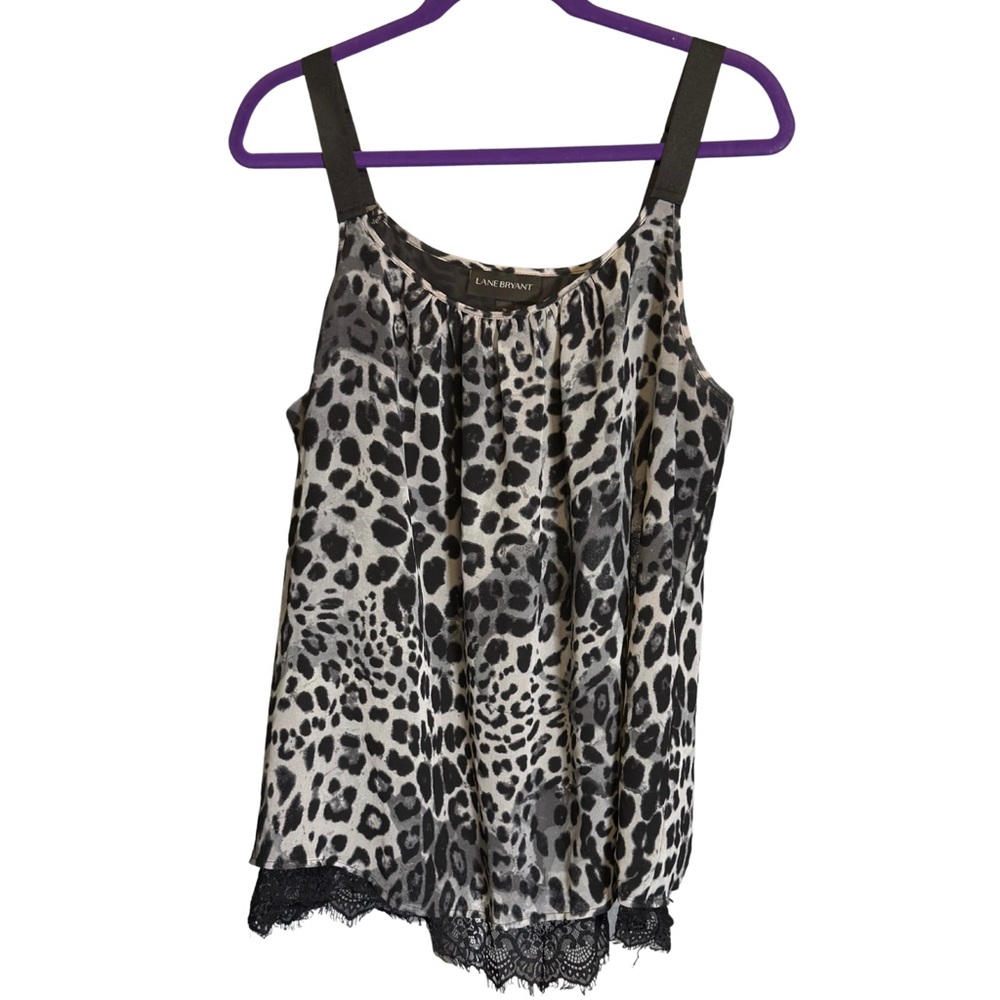Lane Bryant Gray and Black Leopard Patterned Lace Trimmed Top